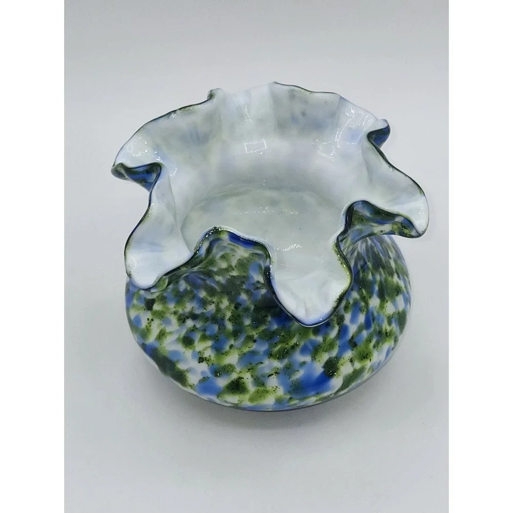 Fenton Glass Murrhina Art Glass Vase Blue Green Spatter Ruffled Rim